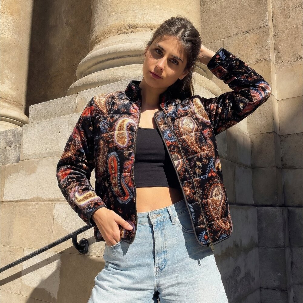 Johnny Was VELVET Quilted BOMBER Zip Jacket Silk Paisley XXL NEW Black Pockets